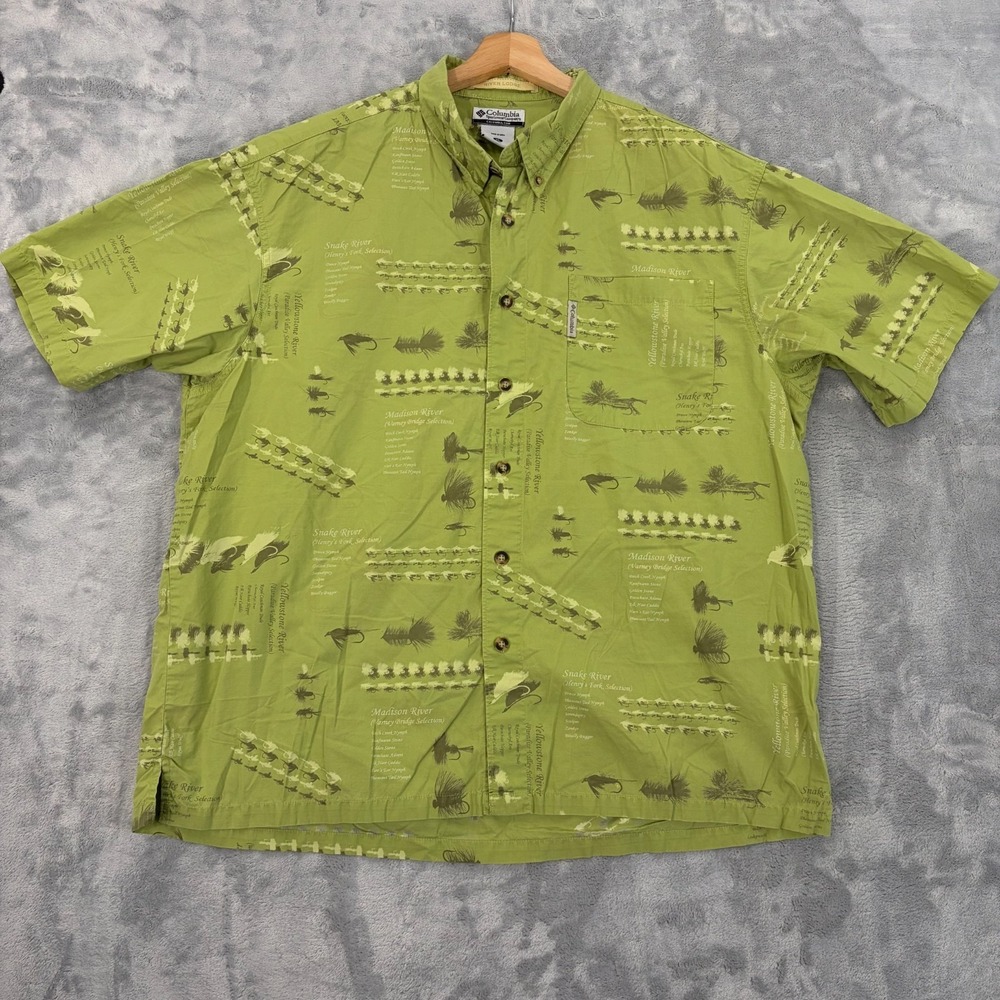Columbia River Lodge Shirt Mens XL Button Up Green All Over Fishing Lure Print